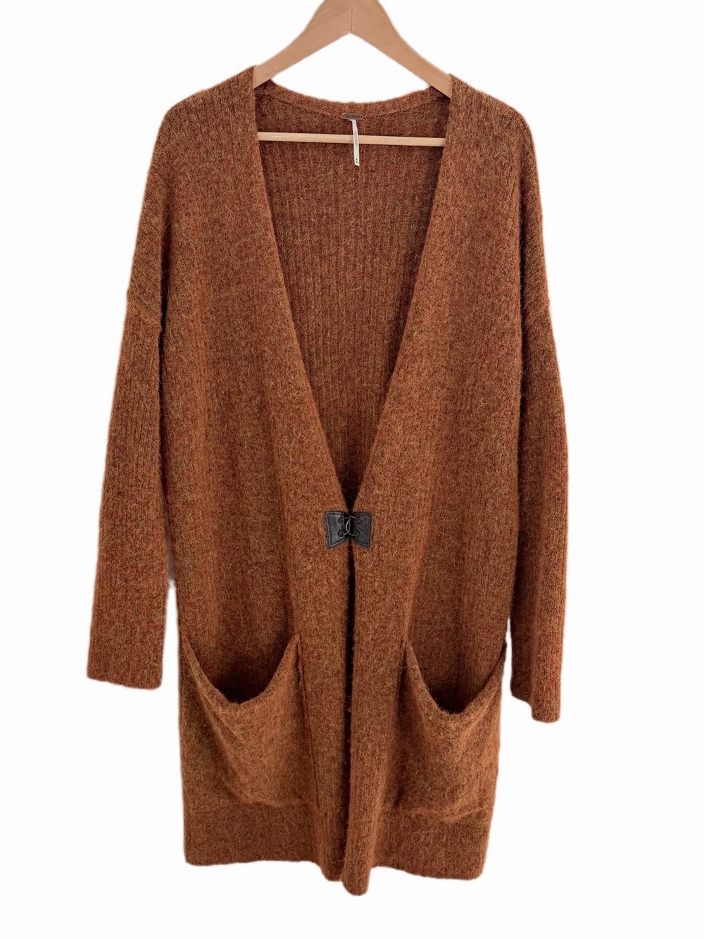 Free People Alpaca Wool Blend Long Cardigan Sweater Rust Brown Size M